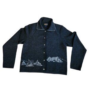 Woolrich Womens Medium Charcoal Gray Button-Up Cardigan With Embroidered Forest